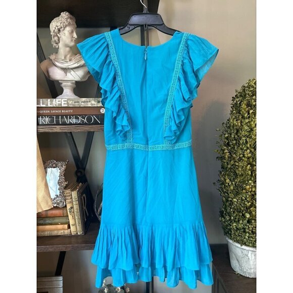 BCBGMAXAZRIA Pleated Ruffled Mini Dress Blue Womens Size 0 - Picture 7 of 10